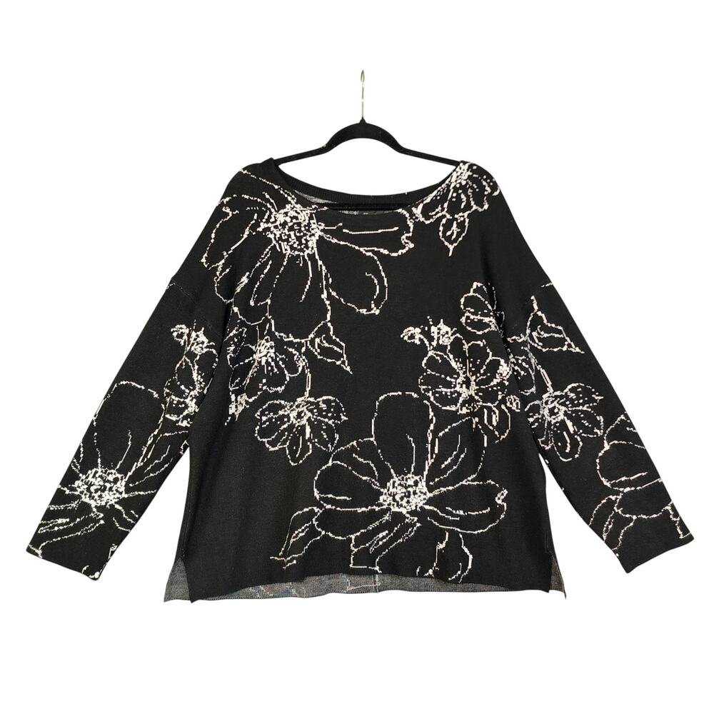 Tahari Womens Floral Knit Sweater Plus Size 1X Black White Button Back Stretch